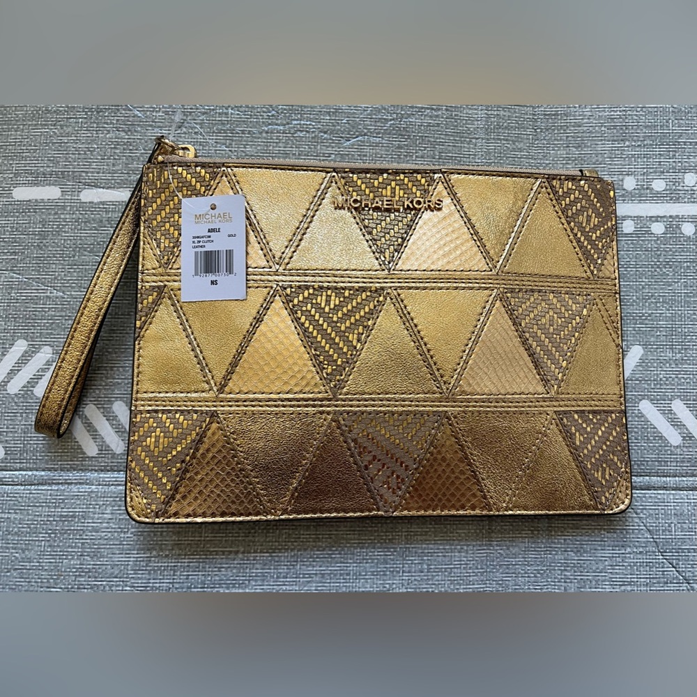 Michael Kors Adele XL Top Zip Snake Embossed Leather Clutch
